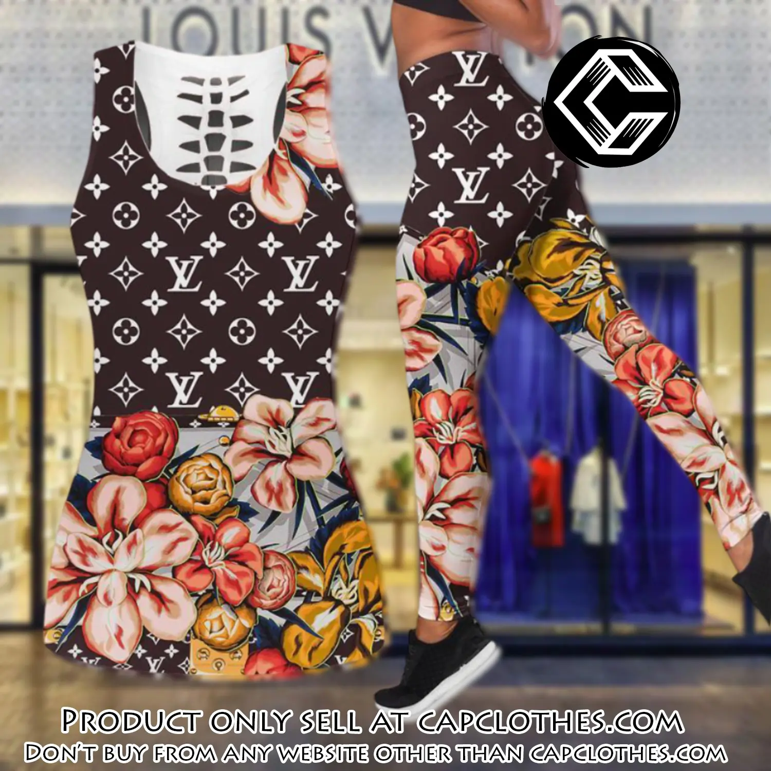 Louis vuitton floral tank top leggings set luxury brand lv for women yoga gym cc5652670